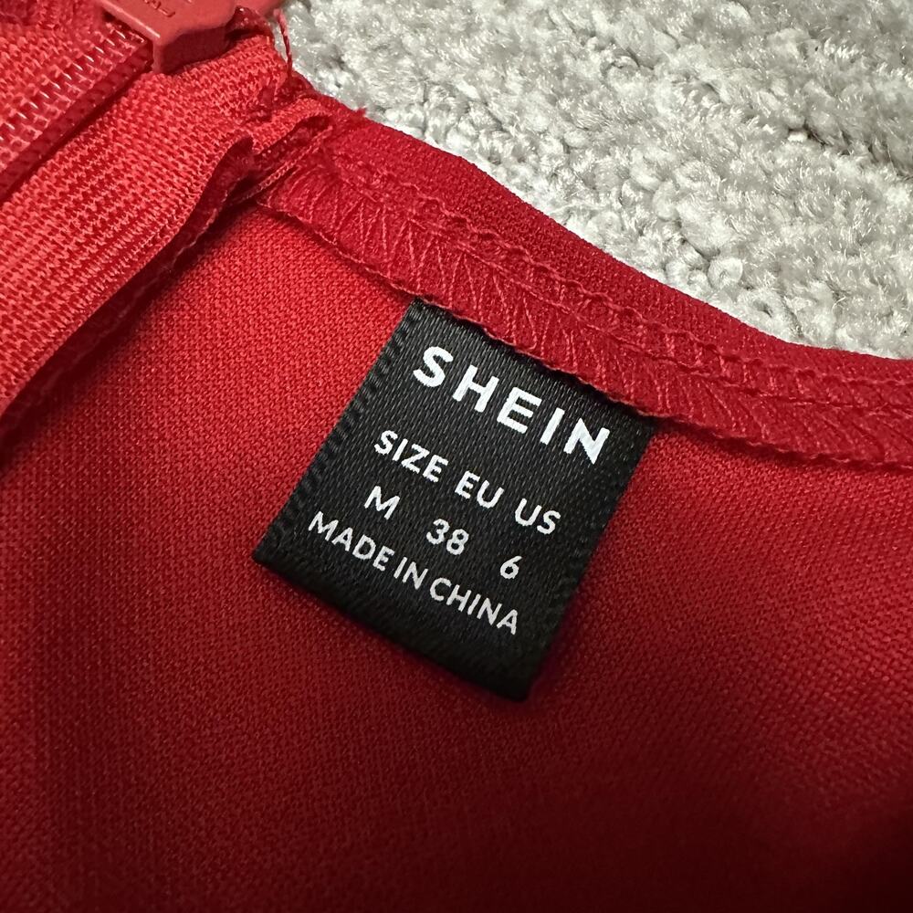 SHEIN Dress Womens Medium 6 Red Pleated Midi V Notch Back Zip Holiday Christmas - Picture 7 of 12